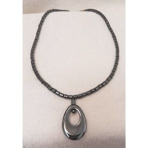 Vintage Hematite Natural Gemstone Pendent Necklace 9" Black Dark Gray Shiny